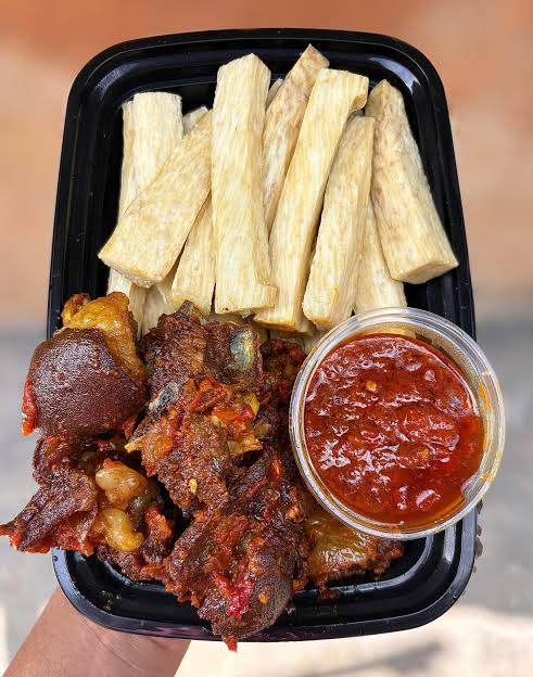 Fried Yam with Stew and Fish or Meat, Yam & Porridge at Kay's Cuisines